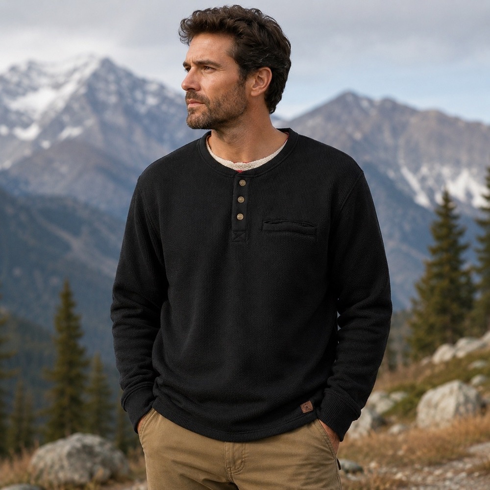 Coleman Mens XL Black Sherpa Lined Waffle Knit Henley Pullover Sweater